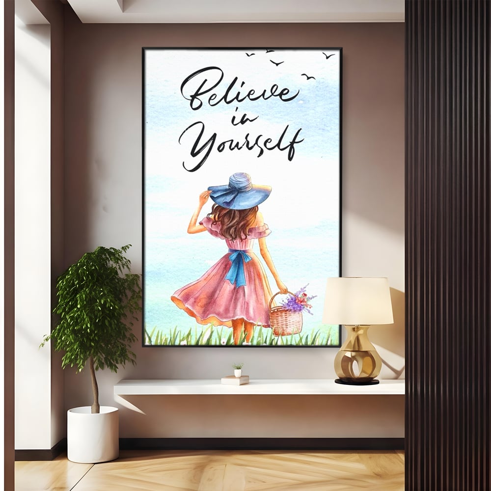 Tablou canvas cu ilustratie cu femeie si mesaj motivational, in rama de aluminiu negru